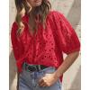 imagePRETTYGARDEN Womens Summer Tops 2025 Dressy Casual Short Sleeve V Neck Buttons Hollow Out Lace Embroidered Blouses ShirtsRed