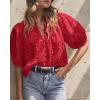 imagePRETTYGARDEN Womens Summer Tops 2025 Dressy Casual Short Sleeve V Neck Buttons Hollow Out Lace Embroidered Blouses ShirtsRed
