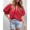 imagePRETTYGARDEN Womens Summer Tops 2025 Dressy Casual Short Sleeve V Neck Buttons Hollow Out Lace Embroidered Blouses ShirtsRed