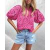 imagePRETTYGARDEN Womens Summer Tops 2025 Dressy Casual Short Sleeve V Neck Buttons Hollow Out Lace Embroidered Blouses ShirtsRose Pink