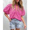 imagePRETTYGARDEN Womens Summer Tops 2025 Dressy Casual Short Sleeve V Neck Buttons Hollow Out Lace Embroidered Blouses ShirtsRose Pink