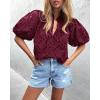 imagePRETTYGARDEN Womens Summer Tops 2025 Dressy Casual Short Sleeve V Neck Buttons Hollow Out Lace Embroidered Blouses ShirtsWine Red