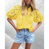imagePRETTYGARDEN Womens Summer Tops 2025 Dressy Casual Short Sleeve V Neck Buttons Hollow Out Lace Embroidered Blouses ShirtsYellow