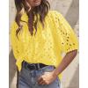 imagePRETTYGARDEN Womens Summer Tops 2025 Dressy Casual Short Sleeve V Neck Buttons Hollow Out Lace Embroidered Blouses ShirtsYellow