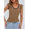 imagePRETTYGARDEN Womens V Neck Summer Tops Ruffle Sleeveless Slim Fit T Shirts Going Out Casual Blouses 2025Camel