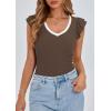 imagePRETTYGARDEN Womens V Neck Summer Tops Ruffle Sleeveless Slim Fit T Shirts Going Out Casual Blouses 2025Coffee