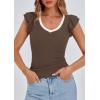 imagePRETTYGARDEN Womens V Neck Summer Tops Ruffle Sleeveless Slim Fit T Shirts Going Out Casual Blouses 2025Coffee