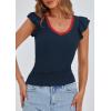 imagePRETTYGARDEN Womens V Neck Summer Tops Ruffle Sleeveless Slim Fit T Shirts Going Out Casual Blouses 2025Navy