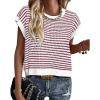 imagePRETTYGARDEN Womens Short Sleeve Sweater Spring Summer 2025 Round Neck Striped Pullover Cap Sleeve Knit Sweater Vest TopsRed