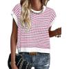 imagePRETTYGARDEN Womens Short Sleeve Sweater Spring Summer 2025 Round Neck Striped Pullover Cap Sleeve Knit Sweater Vest TopsRose Red