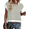 imagePRETTYGARDEN Womens Short Sleeve Sweater Spring Summer 2025 Round Neck Striped Pullover Cap Sleeve Knit Sweater Vest TopsStriped White Army Green
