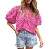 imagePRETTYGARDEN Womens Summer Tops 2025 Dressy Casual Short Sleeve V Neck Buttons Hollow Out Lace Embroidered Blouses ShirtsRose Pink