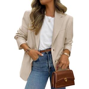 imagePRETTYGARDEN 2025 Blazers for Women Business Casual Long Sleeve Lapel Open Front Suit Jacket Work Blazer with PocketsBeige Apricot