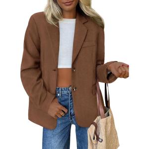 imagePRETTYGARDEN Blazers for Women Business Casual 2025 Fall Fashion Dressy Oversized Faux Suede Suit Jackets Work Office ClothesBrown