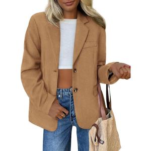 imagePRETTYGARDEN Blazers for Women Business Casual 2025 Fall Fashion Dressy Oversized Faux Suede Suit Jackets Work Office ClothesKhaki