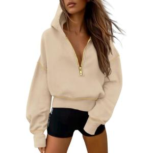 imagePRETTYGARDEN Womens 2025 Fall Hooded Sweatshirts Long Sleeve Half Zip Cropped Hoodies Pullover Winter Fashion ClothesBeige