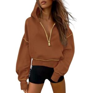 imagePRETTYGARDEN Womens 2025 Fall Hooded Sweatshirts Long Sleeve Half Zip Cropped Hoodies Pullover Winter Fashion ClothesCaramel