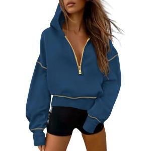 imagePRETTYGARDEN Womens 2025 Fall Hooded Sweatshirts Long Sleeve Half Zip Cropped Hoodies Pullover Winter Fashion ClothesDark Blue