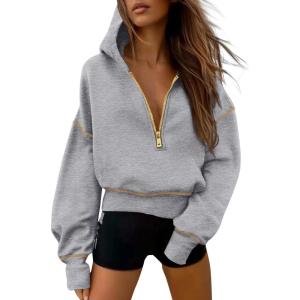 imagePRETTYGARDEN Womens 2025 Fall Hooded Sweatshirts Long Sleeve Half Zip Cropped Hoodies Pullover Winter Fashion ClothesGrey