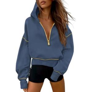 imagePRETTYGARDEN Womens 2025 Fall Hooded Sweatshirts Long Sleeve Half Zip Cropped Hoodies Pullover Winter Fashion ClothesGrey Blue