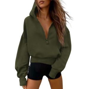 imagePRETTYGARDEN Womens 2025 Fall Hooded Sweatshirts Long Sleeve Half Zip Cropped Hoodies Pullover Winter Fashion ClothesStyle 3army Green