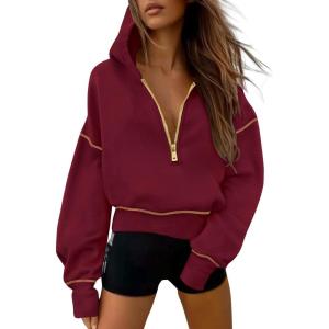 imagePRETTYGARDEN Womens 2025 Fall Hooded Sweatshirts Long Sleeve Half Zip Cropped Hoodies Pullover Winter Fashion ClothesWine Red