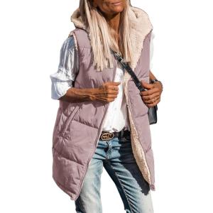imagePRETTYGARDEN Womens 2025 Fall Reversible Long Vests Sleeveless Fleece Jacket Zip Up Hoodie Pockets Warm Coat Winter ClothingBean Paste Pink