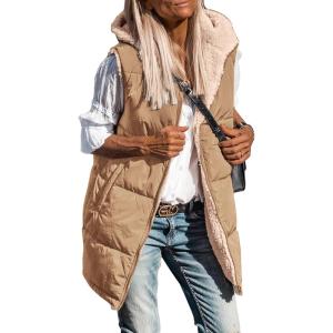 imagePRETTYGARDEN Womens 2025 Fall Reversible Long Vests Sleeveless Fleece Jacket Zip Up Hoodie Pockets Warm Coat Winter ClothingLight Camel