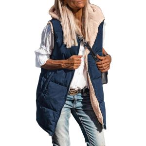 imagePRETTYGARDEN Womens 2025 Fall Reversible Long Vests Sleeveless Fleece Jacket Zip Up Hoodie Pockets Warm Coat Winter ClothingNavy