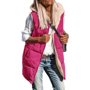 imagePRETTYGARDEN Womens 2025 Fall Reversible Long Vests Sleeveless Fleece Jacket Zip Up Hoodie Pockets Warm Coat Winter ClothingRose Red