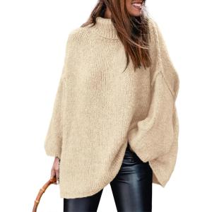imagePRETTYGARDEN Womens 2025 Fall Turtleneck Oversized Sweaters Long Sleeve Chunky Knit Pullover Tops Winter Fashion ClothesBeige