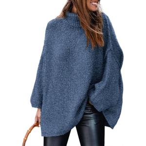 imagePRETTYGARDEN Womens 2025 Fall Turtleneck Oversized Sweaters Long Sleeve Chunky Knit Pullover Tops Winter Fashion ClothesBlue