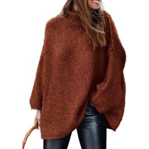 imagePRETTYGARDEN Womens 2025 Fall Turtleneck Oversized Sweaters Long Sleeve Chunky Knit Pullover Tops Winter Fashion ClothesBrick Red