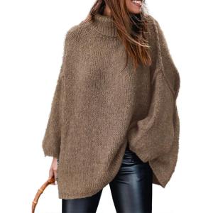 imagePRETTYGARDEN Womens 2025 Fall Turtleneck Oversized Sweaters Long Sleeve Chunky Knit Pullover Tops Winter Fashion ClothesLight Brown