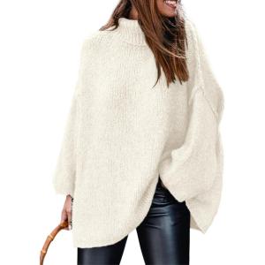 imagePRETTYGARDEN Womens 2025 Fall Turtleneck Oversized Sweaters Long Sleeve Chunky Knit Pullover Tops Winter Fashion ClothesWhite
