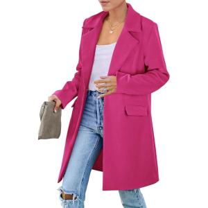 imagePRETTYGARDEN Womens 2025 Spring Fall Long Blazer Jackets Long Sleeve Lapel Pockets Loose Fit Work Casual Blazers OuterwearRose Red