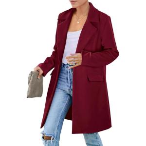imagePRETTYGARDEN Womens 2025 Spring Fall Long Blazer Jackets Long Sleeve Lapel Pockets Loose Fit Work Casual Blazers OuterwearWine Red
