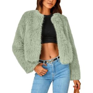 imagePRETTYGARDEN Womens 2025 Winter Coats Fleece Cropped Jacket Faux Fur Long Sleeve Pockets Shaggy Warm Outerwear Fall ClothesBean Green