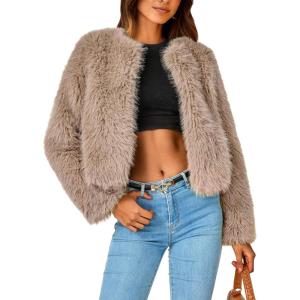 imagePRETTYGARDEN Womens 2025 Winter Coats Fleece Cropped Jacket Faux Fur Long Sleeve Pockets Shaggy Warm Outerwear Fall ClothesKhaki
