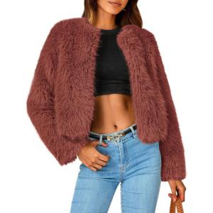 imagePRETTYGARDEN Womens 2025 Winter Coats Fleece Cropped Jacket Faux Fur Long Sleeve Pockets Shaggy Warm Outerwear Fall ClothesRust Red