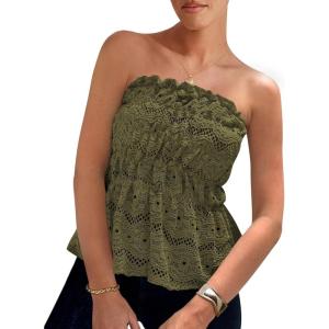 imagePRETTYGARDEN Womens Boho Tube Tops 2025 Summer Strapless Off Shoulder Eyelet Smocked Peplum Trendy Going Out Bandeau TopArmy Green
