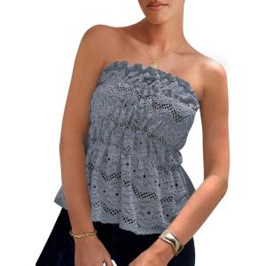 imagePRETTYGARDEN Womens Boho Tube Tops 2025 Summer Strapless Off Shoulder Eyelet Smocked Peplum Trendy Going Out Bandeau TopGrey Blue