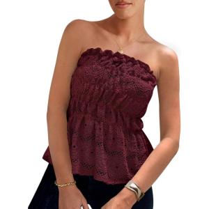 imagePRETTYGARDEN Womens Boho Tube Tops 2025 Summer Strapless Off Shoulder Eyelet Smocked Peplum Trendy Going Out Bandeau TopWine Red