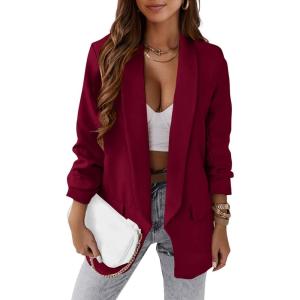 imagePRETTYGARDEN Womens Casual Blazer 2025 Spring Fall Fashion Long Sleeve Open Front Work Office Suit JacketsWine Red