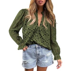 imagePRETTYGARDEN Womens Dressy Casual Blouse Tops Fall Spring Puff Long Sleeve Button V Neck Hollow Out Lace Embroidered ShirtsArmy Green