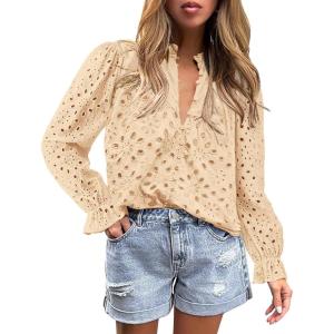 imagePRETTYGARDEN Womens Dressy Casual Blouse Tops Fall Spring Puff Long Sleeve Button V Neck Hollow Out Lace Embroidered ShirtsBeige