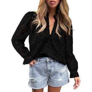 imagePRETTYGARDEN Womens Dressy Casual Blouse Tops Fall Spring Puff Long Sleeve Button V Neck Hollow Out Lace Embroidered ShirtsBlack