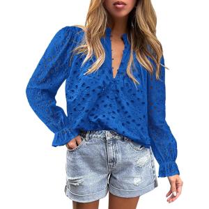 imagePRETTYGARDEN Womens Dressy Casual Blouse Tops Fall Spring Puff Long Sleeve Button V Neck Hollow Out Lace Embroidered ShirtsBlue