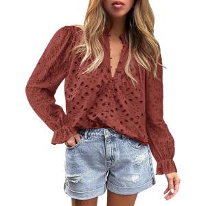 imagePRETTYGARDEN Womens Dressy Casual Blouse Tops Fall Spring Puff Long Sleeve Button V Neck Hollow Out Lace Embroidered ShirtsBrown Red