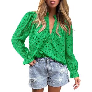 imagePRETTYGARDEN Womens Dressy Casual Blouse Tops Fall Spring Puff Long Sleeve Button V Neck Hollow Out Lace Embroidered ShirtsGreen